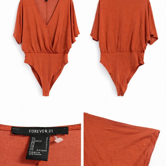 Forever 21 Bodysuit Size S Orange Wrap V Neck Flowy Short Sleeve Going Out Top - Picture 2 of 6